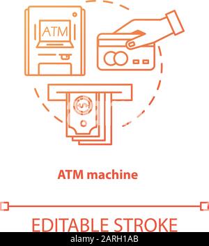 ATM machine red gradient concept icon. Bankomat idea thin line illustration. Cashpoint, cashline. Money withdrawal. Financial operation. Digital banki Stock Vector
