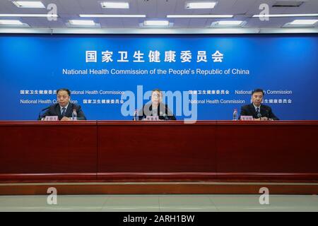 (200128) -- BEIJING, Jan. 28, 2020 (Xinhua) -- A press conference is held by the National Health Commission in Beijing, capital of China, Jan. 28, 2020. Wuhan, at the center of a viral pneumonia outbreak, will soon have 10,000 hospital beds reserved for infected patients as Chinese authorities take all means necessary to boost the city's overwhelmed health system. Jiao Yahui, an official with the National Health Commission, told a press conference held in Beijing on Tuesday that authorities have been designating over 5,300 beds in various hospitals in Wuhan to be used for novel coronavirus p Stock Photo