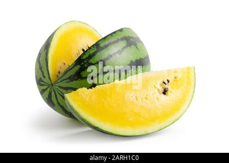 Sliced yellow watermelon isolated on a white background. Saved paths for cutting with and without shadow Stock Photo