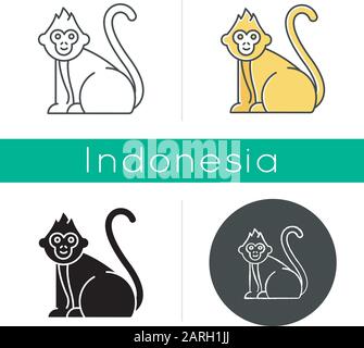 Baby monkey icon. Tropical country animal, mammal. Exploring Indonesian islands wildlife. Cute primate sitting. Linear, black, chalk and color styles. Stock Vector