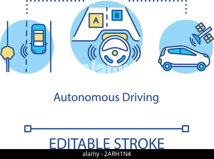 Autonomus driving concept icon. Smart car idea thin line illustration. Unmanned vehicles. Driverless automobile. Modern tech. Artificial Intelligence. Stock Vector