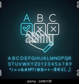 Choosing option neon light icon. Pick checkmark. Selecting answer. Online survey. Click button. Voting, questionnaire. Glowing sign with alphabet, num Stock Vector