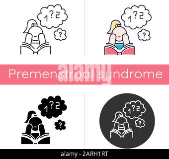 Poor concentration icon. Math problem solving. Algebra studying. Wandering focus. Boring read. Attention deficit. Low motivation. Flat design, linear Stock Vector