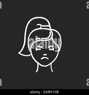 Migraine chalk icon. Girl with headache. Emotional expression on face. Sadness and low mood. Unhappy and worried woman. PMS symptome. Predmenstrual sy Stock Vector