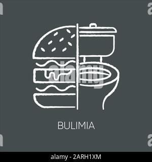 Bulimia chalk icon. Eating disorder. Depression and anxiety. Vomiting food in bathroom. Unhealthy hunger. Binge eating from stress. Mental disorder. I Stock Vector