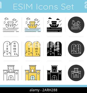 Bible narratives icons set. The flood myth, ten commandments. Religious legends. Christian religion, holy book scenes. Biblical stories. Linear, black Stock Vector