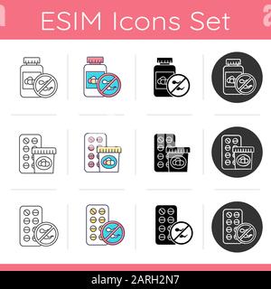 Birth control icons set. Unwanted pregnancy prevention. Oral contraceptive. Predmenstrual syndrome prescription. Flat design, linear, black and color Stock Vector