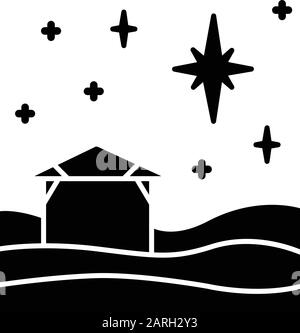 Christmas star glyph icon. Christian holy night. Christmas eve. Starry sky and small house. Birth of Jesus Christ. Star of Bethlehem. Silhouette symbo Stock Vector