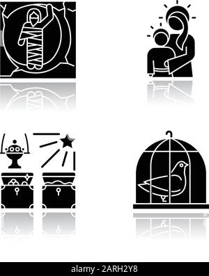Bible narratives drop shadow black glyph icons set. Resurrected Lazarus, Virgin Mary with son Jesus, gifts of the magi, pigeon in cage. Easter week. G Stock Vector