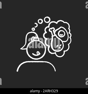 Fried food craving chalk icon. Woman thinking of fry egg and chicken thighs. Unhealthy eating habit. Girl hungry for fast food. Appetite for snack. Is Stock Vector