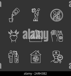Common cold chalk icons set. Cough syrup. Fatigue of overwork. Avoid contact. Headache. Disposable wipes. Antiseptic. Drink water. Ventilation. Doctor Stock Vector