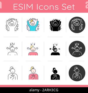 Predmenstrual syndrome icons set. Emotional outburst. Irritability and distress. Chest pain. Depression and anxiety. Flat design, linear, black and co Stock Vector