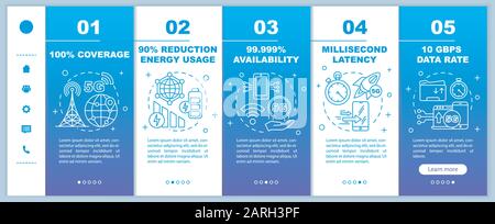 5G technologies onboarding mobile web pages vector template. Millisecond latency. Responsive smartphone website interface idea, linear illustrations. Stock Vector