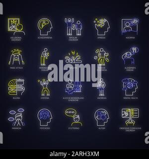 Mental disorder neon light icons set. Delusions, schizophrenia. Amnesia, insomnia. Bipolar. Bulimia, anorexia. Autism. Obsessive-compulsive syndrome. Stock Vector