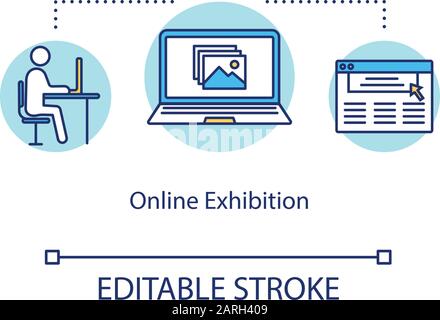 Online exhibition concept icon. Educational website. Virtual reality venue. Online gallery show. Digital exposition idea thin line illustration. Vecto Stock Vector