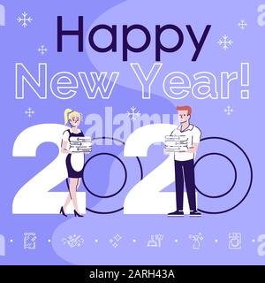 Profession social media post mockup. Happy new year 2020 phrase. Web banner design template. Housekeepers in uniform. Cleaners booster, content layout Stock Vector