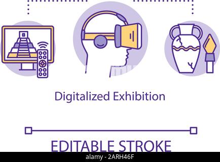 Digitalized exhibition concept icon. Video tour venue. Interactive multimedia. Virtual reality online exposition idea thin line illustration. Vector i Stock Vector
