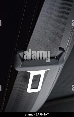 Car seat belt against dark grey leather seat. Black polyester webbing material seat belt and buckle. Stock Photo