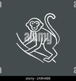 Monkey on liana chalk icon. Tropical country animal, mammal. Exploring exotic Indonesia islands wildlife. Primate climbing. Visiting Balinese forest f Stock Vector