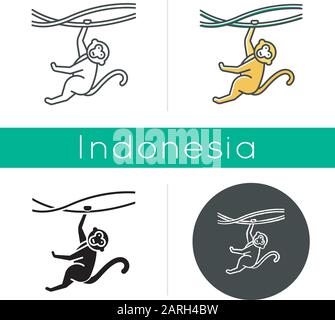 Monkey on liana icon. Tropical country animal, mammal. Exploring exotic Indonesian wildlife. Primate hanging on branch. Linear, black, chalk and color Stock Vector