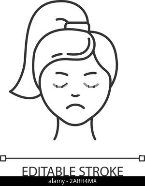 Sadness linear icon. Unhappy expression. Low mood. Emotionally drained girl. Loneliness and solitude. Thin line illustration. Contour symbol. Vector i Stock Vector