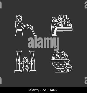 Bible narratives chalk icons set. Samson, manna and quail, The fall of Jericho myths. Religious legends. Christian religion. Biblical stories plot. Is Stock Vector