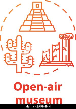 Open-air museum concept icon. Historical architecture exhibition. Temple ruins and colonnade. Folk building. Archeological exposition idea thin line i Stock Vector