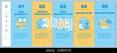 5G technologies onboarding mobile web pages vector template. Shorter frequencies. Responsive smartphone website interface idea, linear illustrations. Stock Vector