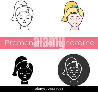 Sadness icon. Unhappy expression. Low mood. Emotionally drained girl. Anxious woman. Loneliness and solitude. Depression and stress. Flat design, line Stock Vector