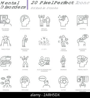 Mental disorder linear icons set. Delusions, schizophrenia. Amnesia. Bipolar disorder. Bulimia, anorexia. Autism. Thin line contour symbols. Isolated Stock Vector