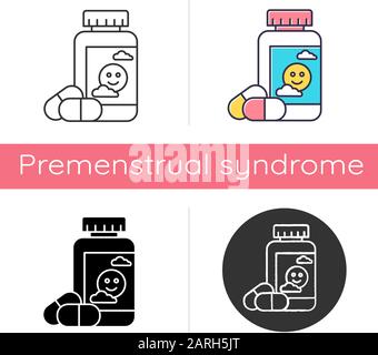 Antidepressant icon. Depression medication. Pills and drugs in bottle. Painkiller and supplement. Psychological problem aid. Flat design, linear and c Stock Vector