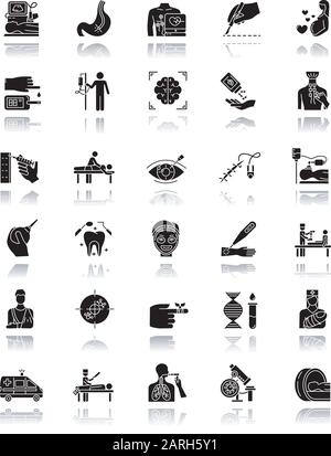Medical procedure drop shadow black glyph icons set. Surgery. Endoscopy. Health care. Brain scan. First emergency aid. Blood test. Injury. Vision corr Stock Vector