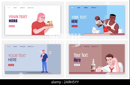 Human addiction landing page vector template set. Unhealthy dependences website interface idea with flat illustrations. Compulsive habit disorders hom Stock Vector