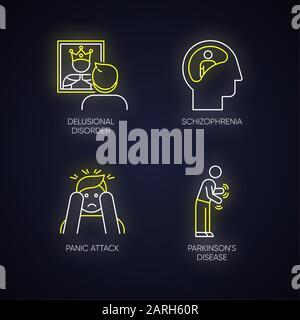 Delusional disorder neon light icon. Man in mirror. Bizzare beliefs ...
