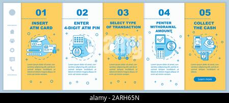 ATM instructions onboarding mobile web pages vector template. Insert ATM card. Responsive smartphone website interface idea, linear illustrations. Web Stock Vector