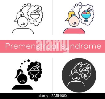 Ice cream craving icon. Girl thinking of sweat dessert. Thought of frozen treat. Woman hungry for gelato. Appetite for sundae. Flat design, linear and Stock Vector