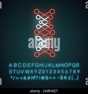 DNA double helix neon light icon. Connected dots, lines. Deoxyribonucleic, nucleic acid. Molecular biology. Genetic code. Glowing sign with alphabet, Stock Vector