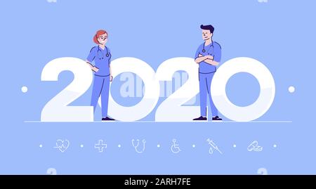 Professions 2020 flat banner vector template. Surgeons isolated cartoon characters on blue. Operating nurse. Health workers in medical costumes. Banne Stock Vector