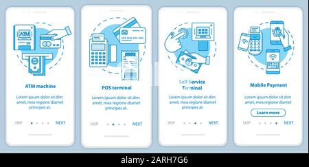 Payment onboarding mobile app page screen with linear concepts. POS and self-service terminals. ATM machine. Four walkthrough steps graphic instructio Stock Vector