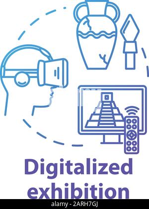 Digitalized exhibition concept icon. Digital interactive fair, venue in cyberspace. Online video museum tour. Virtual reality exposition idea thin lin Stock Vector