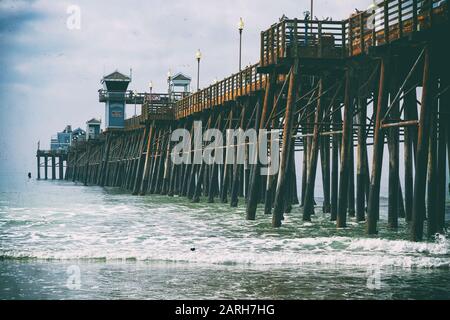 Oceanside California USA. Historic Oceanside Pier, Oceanside, San Diego County, California,Vintage look Stock Photo