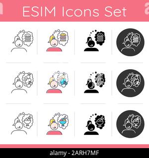 Food craving icons set. Woman thinking of burger. Girl hungry for vegetables. Ice cream and gelato. Nutrition and diet. Flat design, linear, black and Stock Vector
