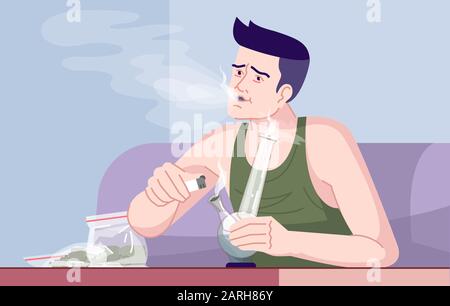 Weed smoker flat vector illustration. Cannabis addiction. Narcomania. Effects on psychology. Human weakness. Adult caucasian man smoking marijuana wit Stock Vector