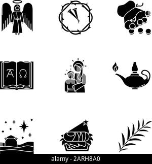 Bible narratives glyph icons set. Angel, thorns wreath, nails, 30 silver coins, Alpha, Omega, Virgin Mary, lamp, Christmas star, nursery, palm branch. Stock Vector