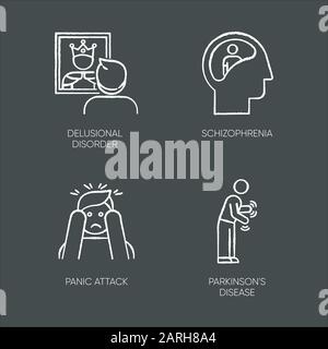 Mental disorder chalk icons set. Delusions, schizophrenia. Amnesia ...