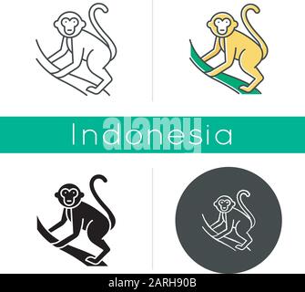 Monkey on liana icon. Tropical country animal, mammal. Exploring exotic Indonesia islands wildlife. Primate climbing. Linear, black, chalk and color s Stock Vector