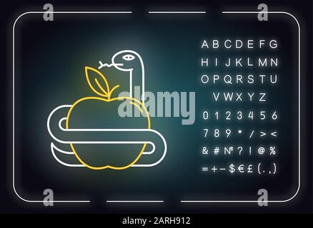 Adam and Eve Bible story neon light icon. Forbidden fruit. Snake and apple. Religious legends. Biblical narratives. Glowing sign with alphabet, number Stock Vector