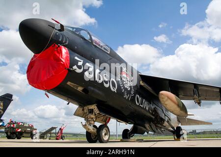 FLORENNES, BELGIUM - JUL 6, 2008: Greek Air Force A-7 Corsair bomber jet aircraft on the tarmac of Florennes airbase. Stock Photo