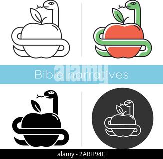 Adam and Eve Bible story icon. Forbidden fruit. Snake and apple. Religious legends. Christian religion. Biblical narratives. Glyph, chalk, linear and Stock Vector