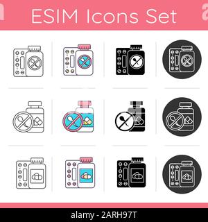 Birth control icons set. Unintended pregnancy prevention. Oral contraceptive pills. Predmenstrual syndrome prescription. Flat design, linear, black an Stock Vector